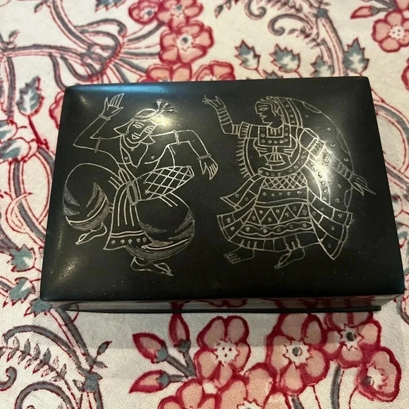Antique  Etched Trinket Box Metal with Etched Dancing Figures - Picture 1 of 12